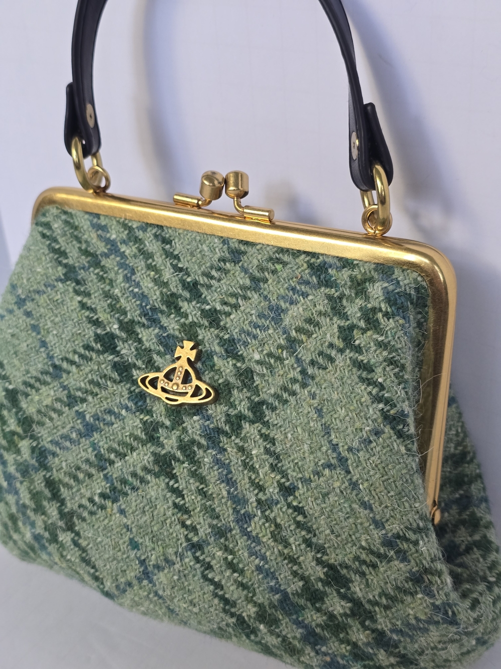 Vivienne Westwood Elena Green Plaid Granny Frame Kisslock Harris Tweed Wool Bag - Picture 3 of 14